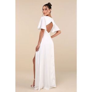 Lulus Elegant Confidence White Satin Flutter Sleeve Cutout Maxi Dress Size XL Ne